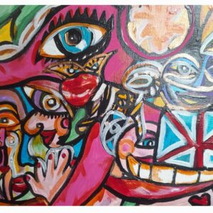 An abstract painting featuring eyes and hands