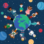 An illustration of people standing around the Earth