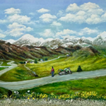A painting of mountains and a motorbike