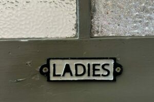 A close-up of a sign saying 'ladies'. It is attached to a green door with textured glass panels
